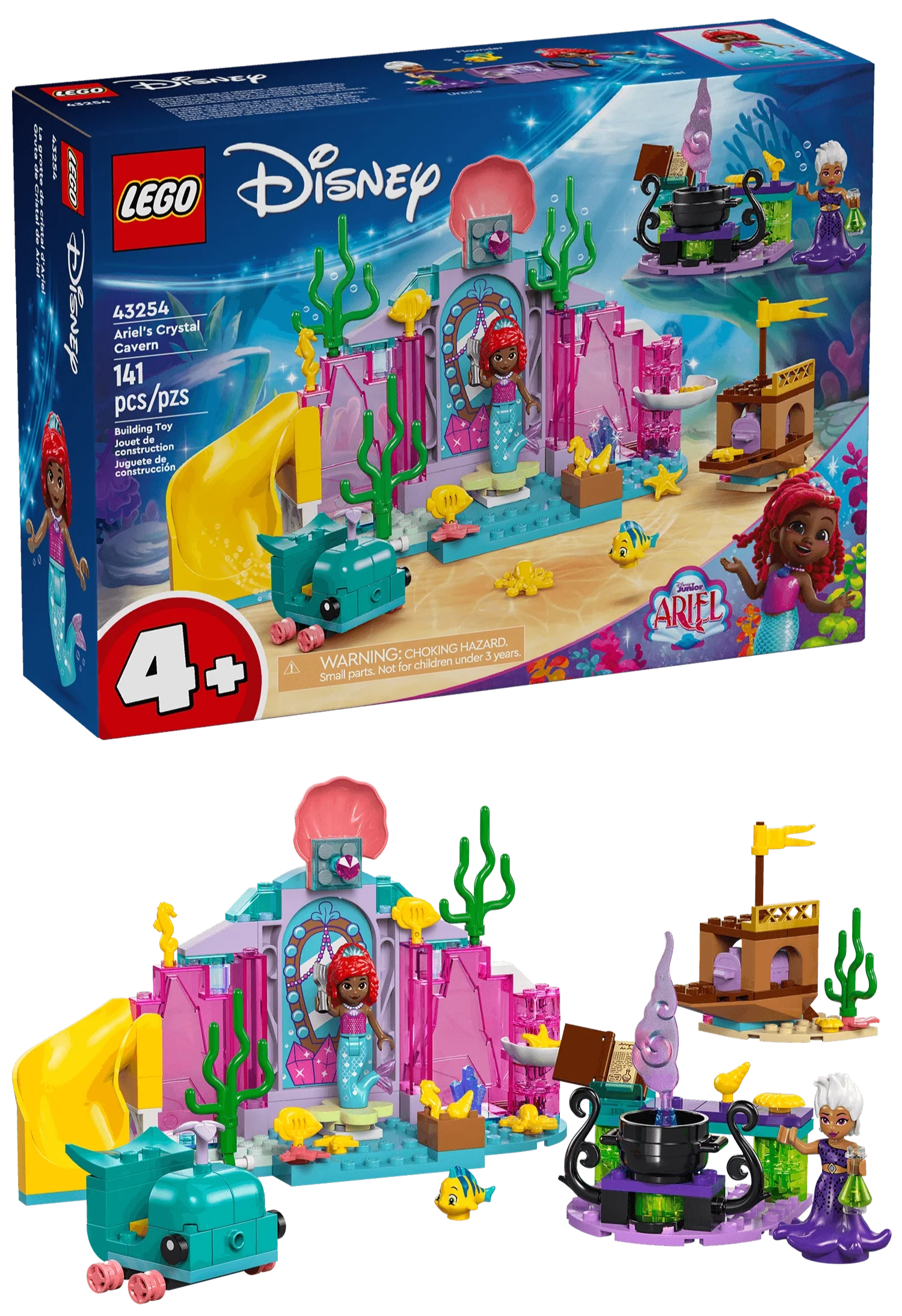 The Legos - Toyhouse LEGO® Disney™ Ariel's Crystal Cavern set showcases a colorful castle complete with mini Ariel and ocean-themed accessories. This 41-piece mermaid playset, ideal for children aged 4 and above, captures the magic of Ariel's underwater world.