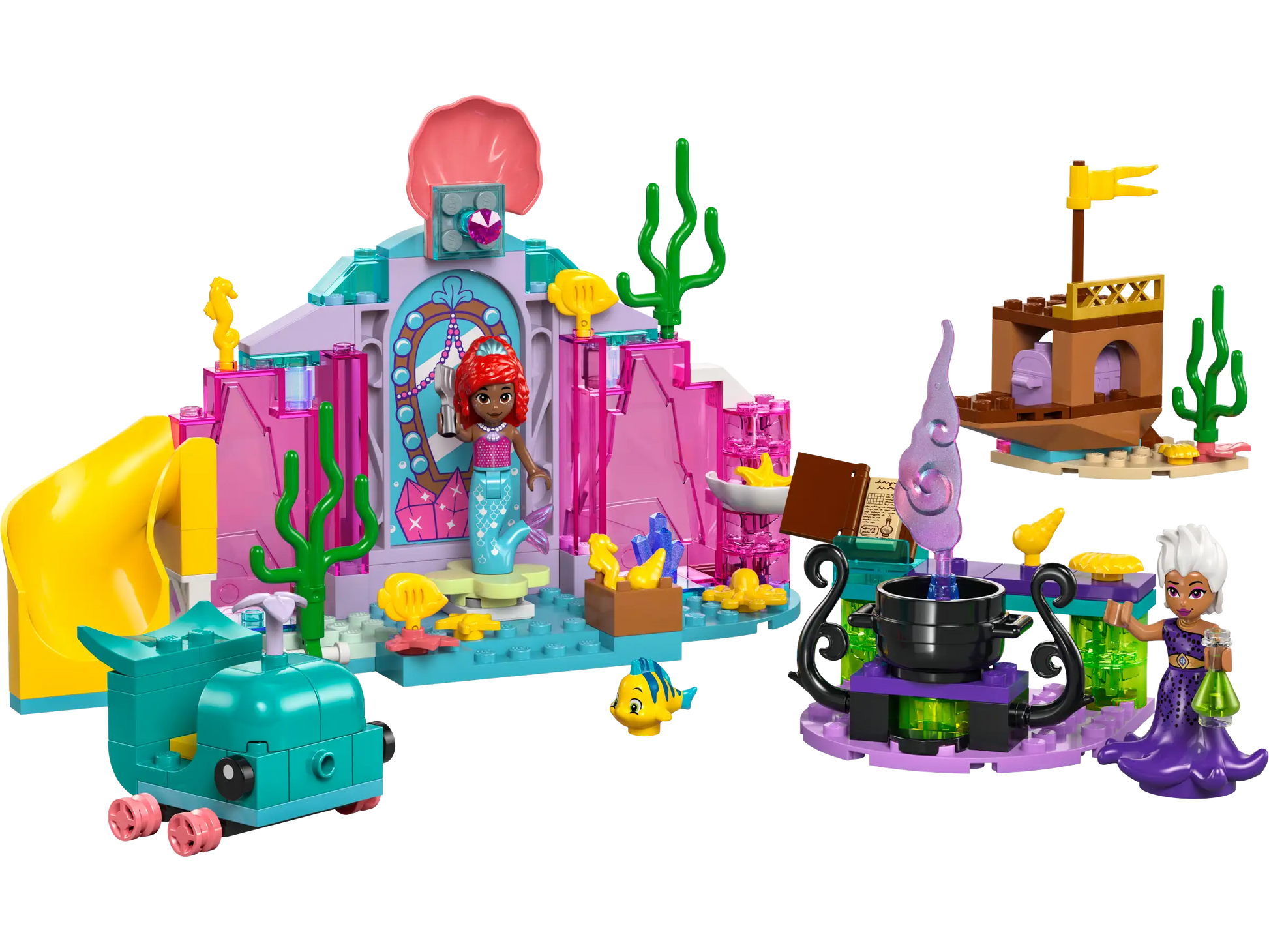 Explore the colorful underwater world with LEGO® Disney™ Ariel's Crystal Cavern by Legos - Toyhouse. This captivating set includes a LEGO Disney Princess mermaid, a detailed castle, charming sea creatures, and an enigmatic purple tentacled figure watching over a bubbling cauldron.