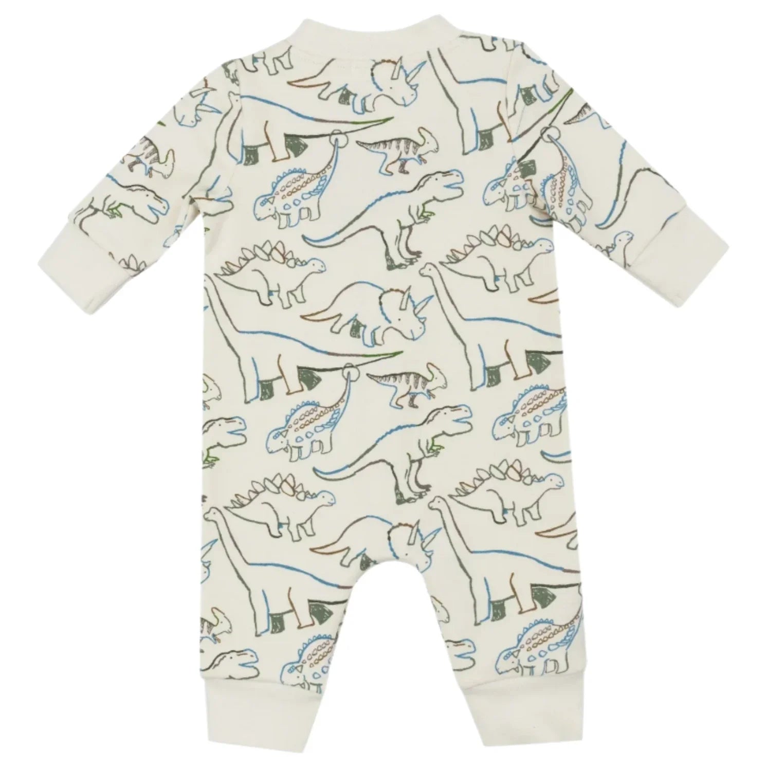 The Angel Dear Artsy Dinos Baseball Collar Romper features curated illustrations of dinosaurs in various colors on a light background and is crafted from soft organic cotton.