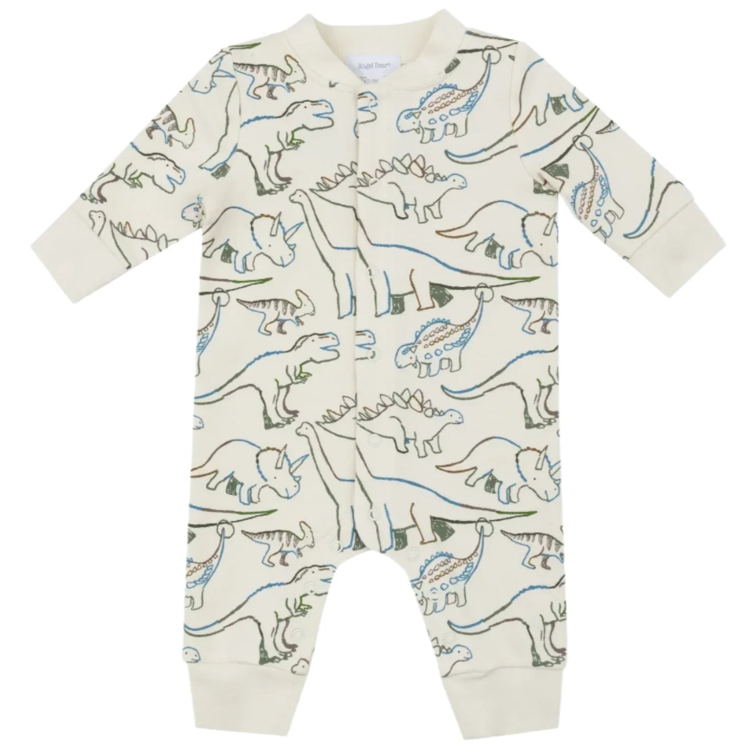 The Angel Dear Artsy Dinos Baseball Collar Romper showcases artistic dinosaur designs in green and blue on a gentle light beige background, made from luxurious organic cotton to ensure maximum comfort.