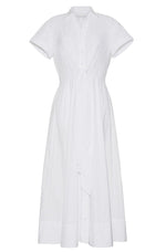 Cara Cara's Asbury Dress is a white, short-sleeve cotton poplin shirt dress with a collar and self-tie waist detail, complemented by a flared skirt.