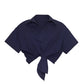 Cara Cara's Asbury Top is a navy blue cropped blouse with a stylish front tie bow and short sleeves.