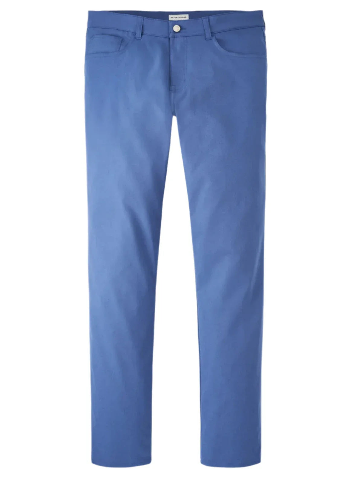 The Peter Millar eb66 Performance Five-Pocket Pant is a pair of blue pants that features front pockets, a button closure, and four-way stretch for ultimate comfort.