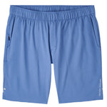 A pair of Peter Millar Swift Performance Shorts, designed for men in blue polyester, featuring a four-way stretch elastic waistband and zippered pockets, with the Peter Millar brand name on the lower right side.