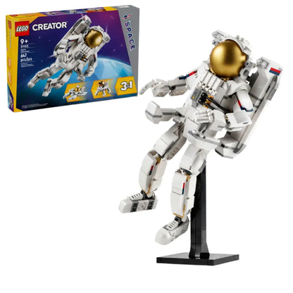 The LEGO® Creator Space Astronaut set is built and displayed on a stand with its box in the background—a thrilling space collectible for builders and LEGO® fans.