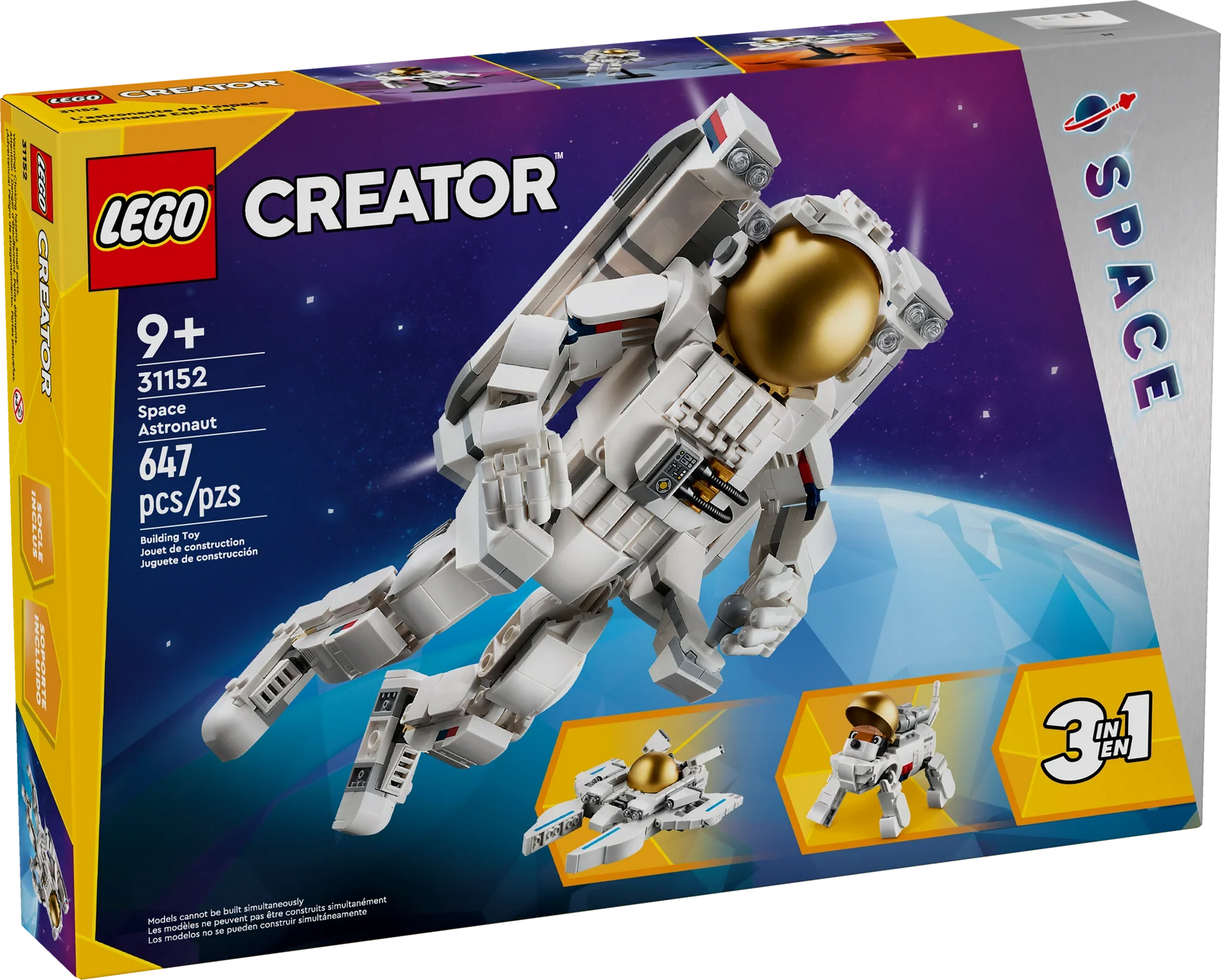 The LEGO® Creator Space Astronaut set by LEGO® features a gold-visor astronaut and alternate builds, with 647 pieces for ages 9+.