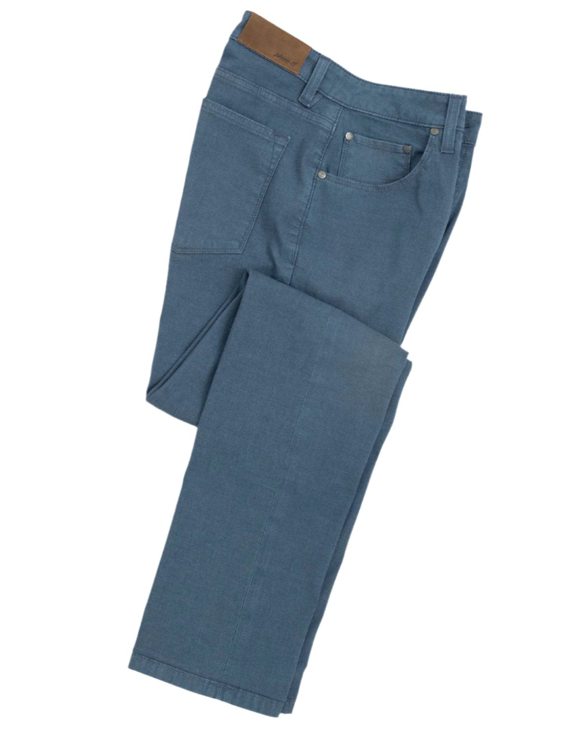 Folded pair of Johnnie-O Atlas 5-Pocket Pants in teal featuring a leather patch on the waistband and both front and back pockets. These lightweight pants by Johnnie-O are perfect for vacation wear, offering both comfort and style in one versatile package.