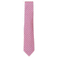 The Atomic Diamond Tie by Robert Jensen is a hand-stitched pink silk tie with a repeating geometric blue and red floral pattern, displayed on a white background.