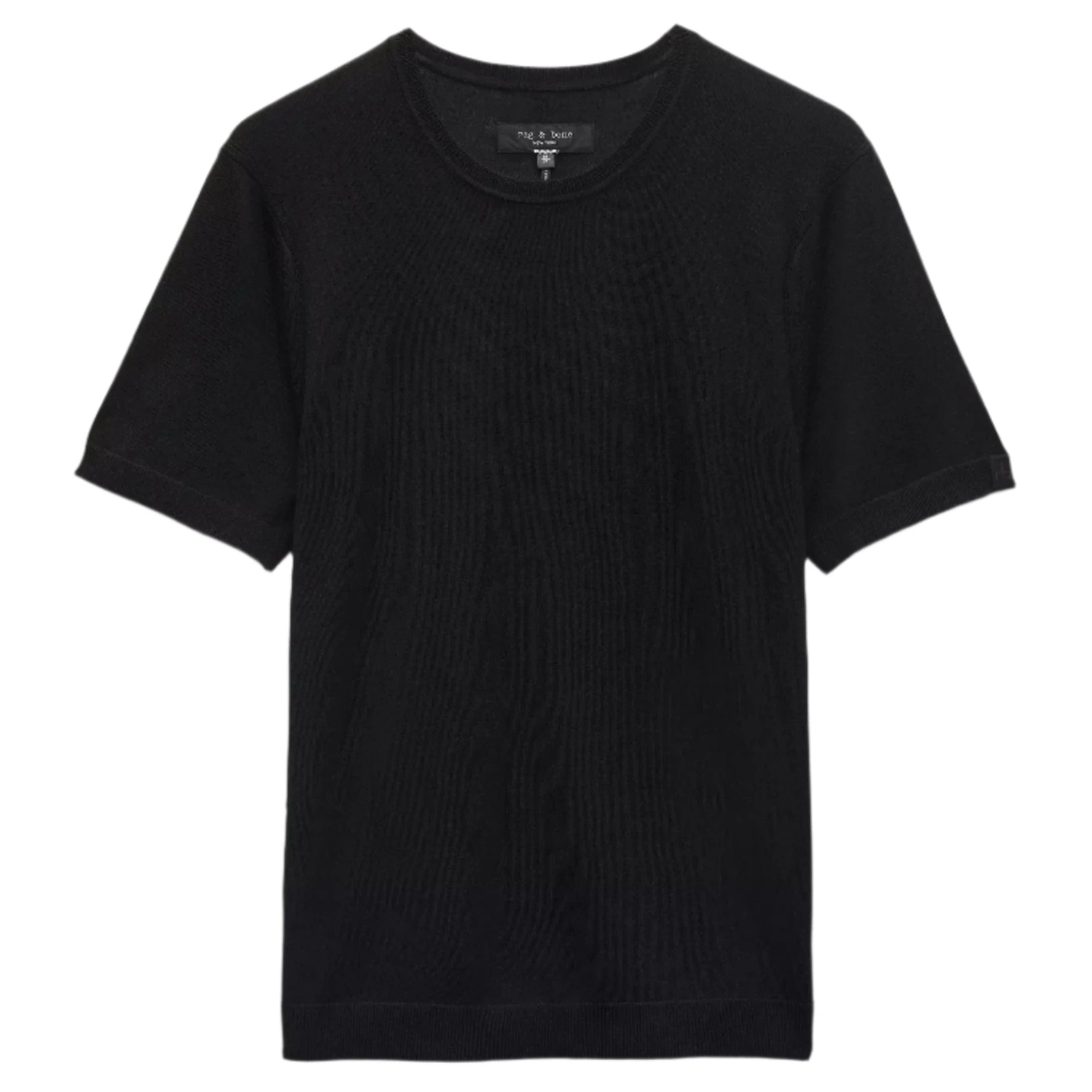 The Rag & Bone Aulton Knit Tee, a plain black short-sleeve crewneck, is shown on a white background and crafted from a lightweight wool blend for all-day comfort.