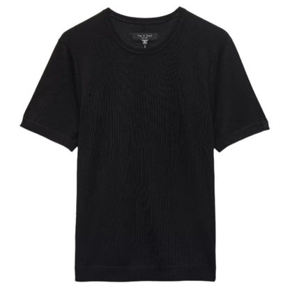 The Rag & Bone Aulton Knit Tee, a plain black short-sleeve crewneck, is shown on a white background and crafted from a lightweight wool blend for all-day comfort.