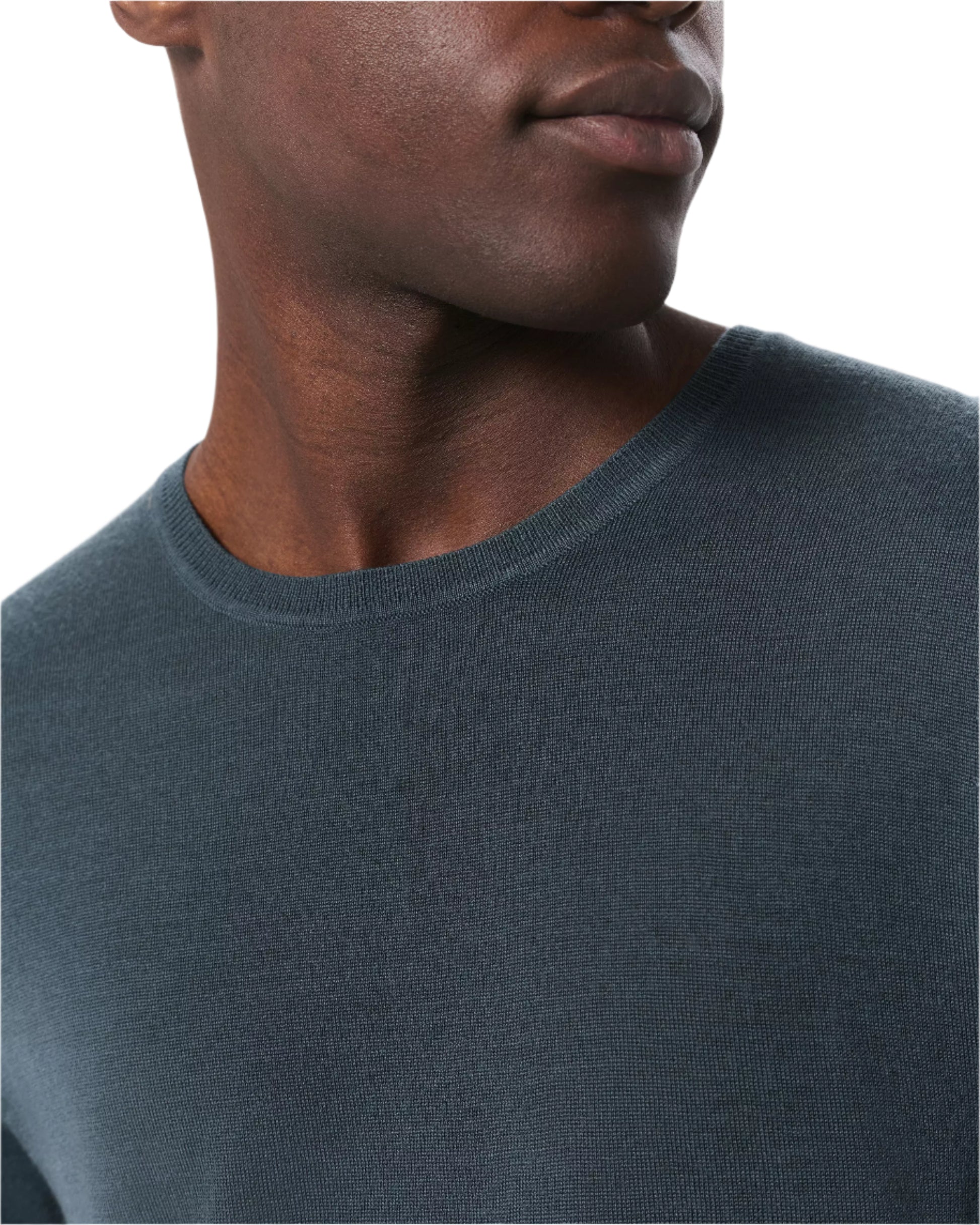 A close-up of a person wearing the Rag & Bone Aulton Knit Tee, featuring its textured dark teal wool blend crewneck, with only the lower face, neck, and upper chest visible against a white background.