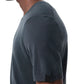 A person with a slim profile is shown from the side wearing the Rag & Bone Aulton Knit Tee, a short-sleeve dark gray shirt, against a white background.