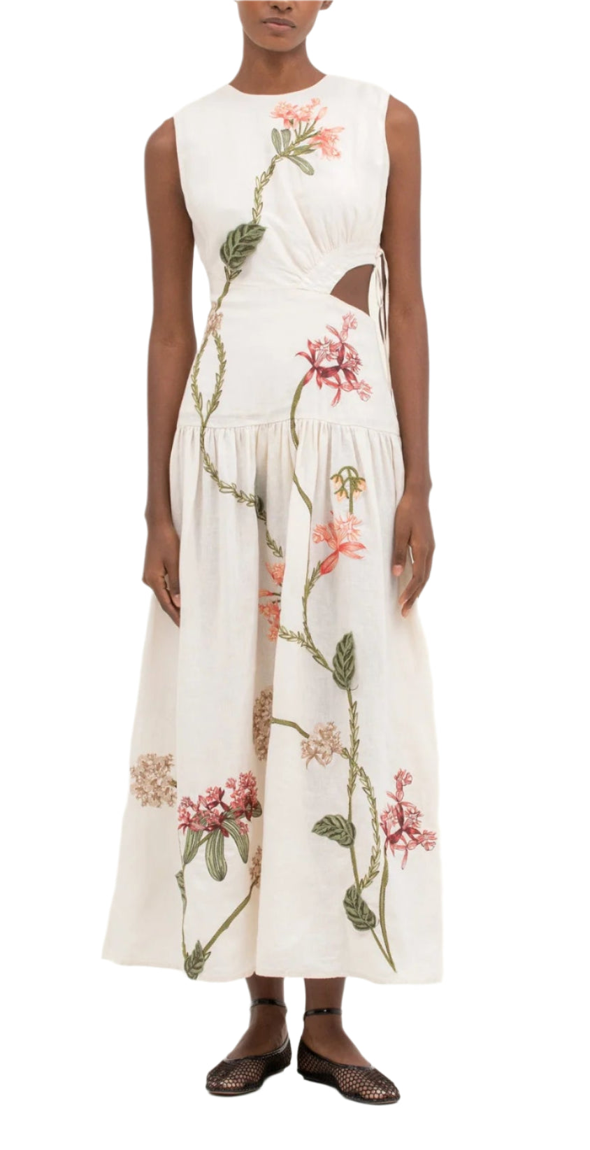 The Otono Midi Dress by Agua By Aguabendita features a sleeveless design, floral embroidery, side cut-out, and an ankle-length skirt. This elegant linen midi piece pairs beautifully with woven shoes for a chic look.