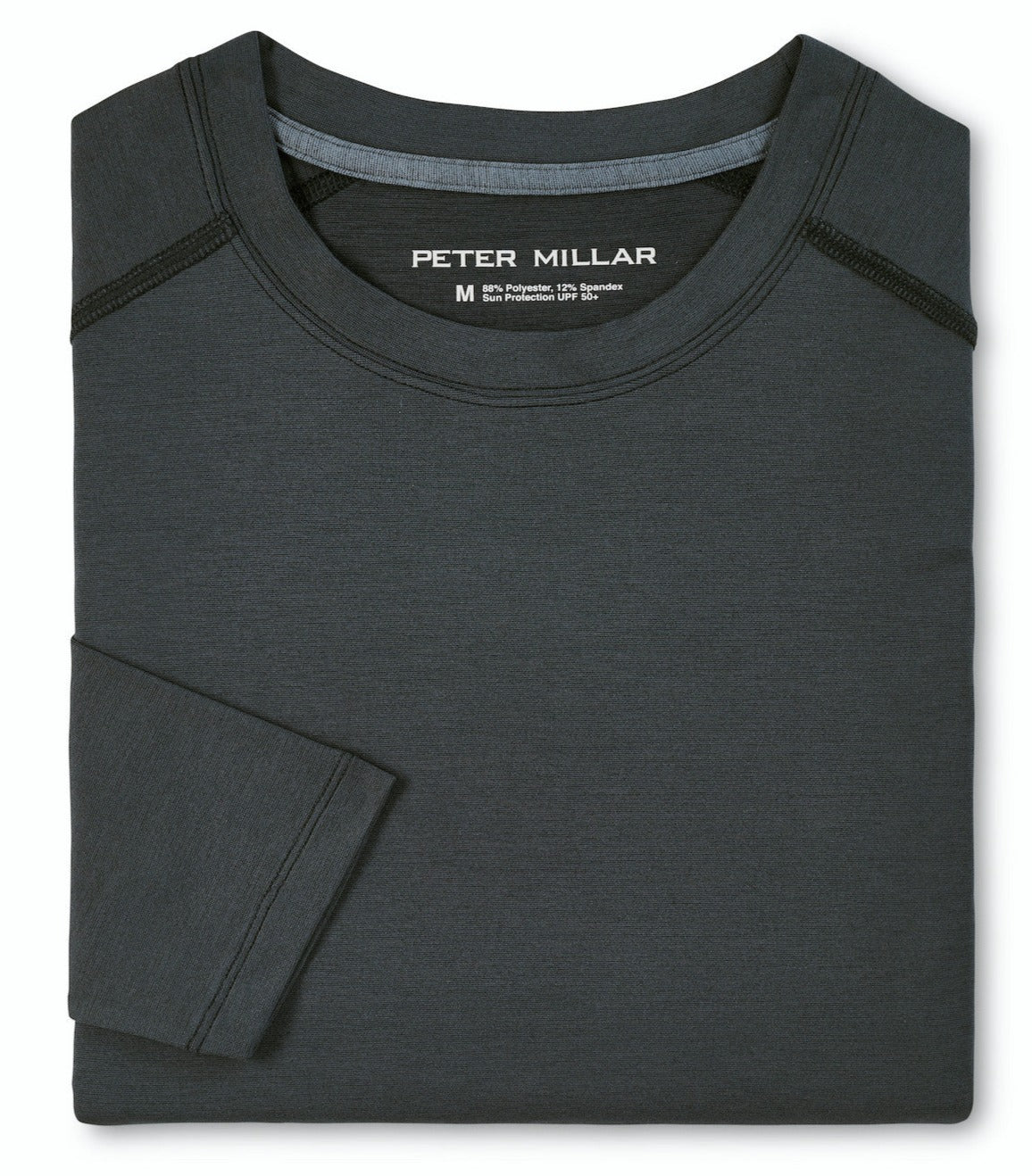 Folded dark gray crew-neck Peter Millar Performance T-shirt displayed on a flat surface, with moisture-wicking technology and the brand "Peter Millar" visible on the inner neckline.