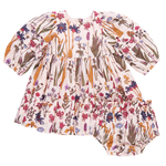 The Pink Chicken Baby Girls' Brooke Dress Set features long sleeves and vibrant autumn floral prints, complete with matching bloomers.