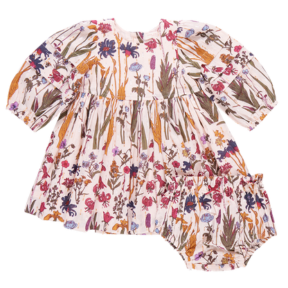 The Pink Chicken Baby Girls' Brooke Dress Set features long sleeves and vibrant autumn floral prints, complete with matching bloomers.