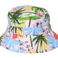 The Snapper Rock Ciao Paradiso Bucket Hat for kids features a colorful tropical print with palm trees, hibiscus flowers, and "ciao" in red on white. Made from UPF50+ fabric, it offers extra sun protection for outdoor adventures.