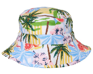 The Snapper Rock Ciao Paradiso Bucket Hat for kids features a colorful tropical print with palm trees, hibiscus flowers, and "ciao" in red on white. Made from UPF50+ fabric, it offers extra sun protection for outdoor adventures.