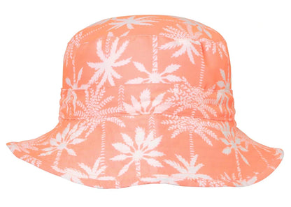 The Snapper Rock Cali Palms Recycled Bucket Hat is a peach unisex swim hat with a white palm tree print and UPF50+ sun protection.