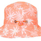 The Snapper Rock Cali Palms Recycled Bucket Hat features a white palm tree print, adjustable drawstring, and UPF50+ protection—perfect for sunny days by the water.