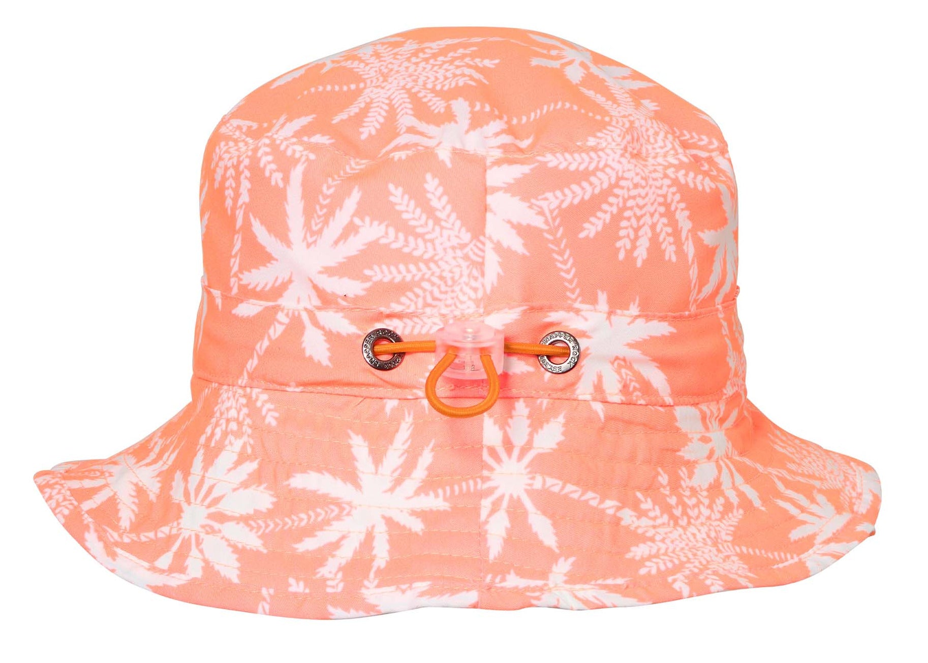 The Snapper Rock Cali Palms Recycled Bucket Hat features a white palm tree print, adjustable drawstring, and UPF50+ protection—perfect for sunny days by the water.