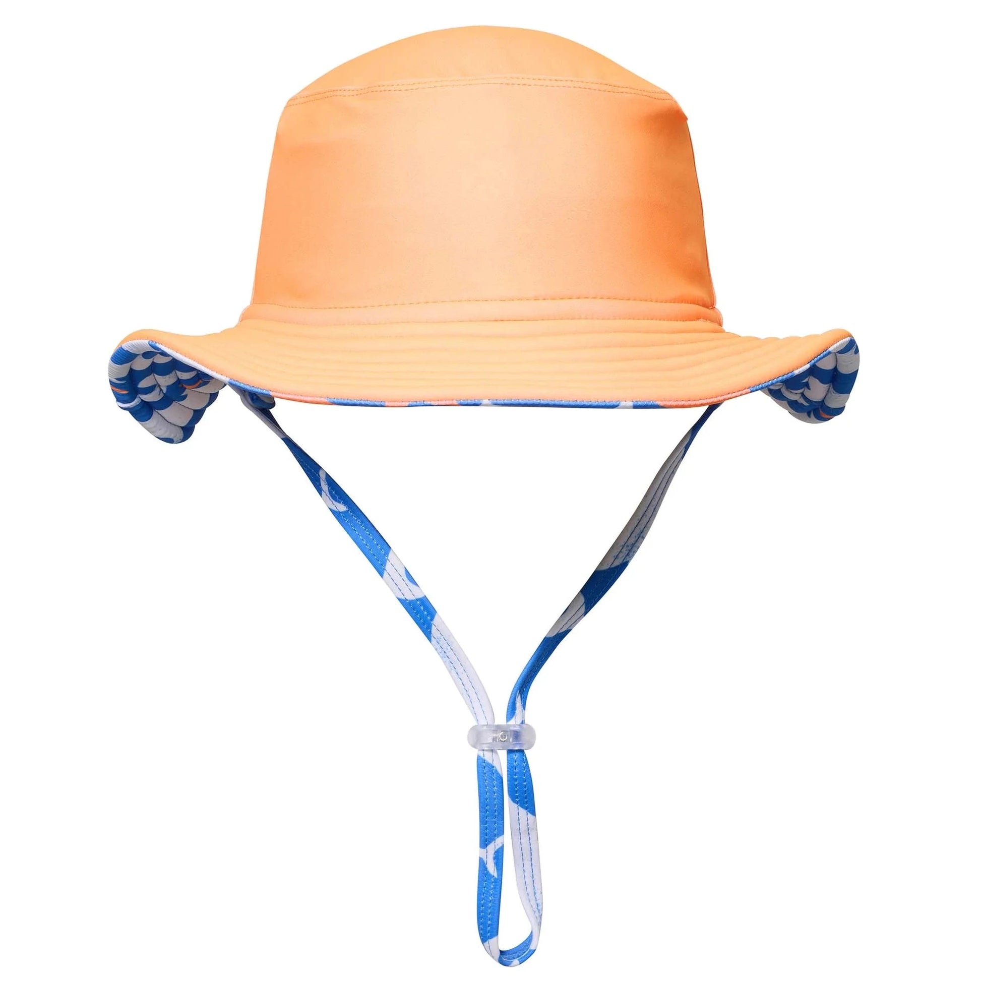 The Snapper Rock Shark Squad Reversible Bucket Hat features UPF50+ sun protection, a wavy brim, and a blue-and-white patterned chin strap.
