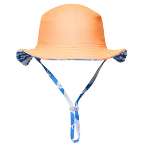 The Snapper Rock Shark Squad Reversible Bucket Hat features UPF50+ sun protection, a wavy brim, and a blue-and-white patterned chin strap.