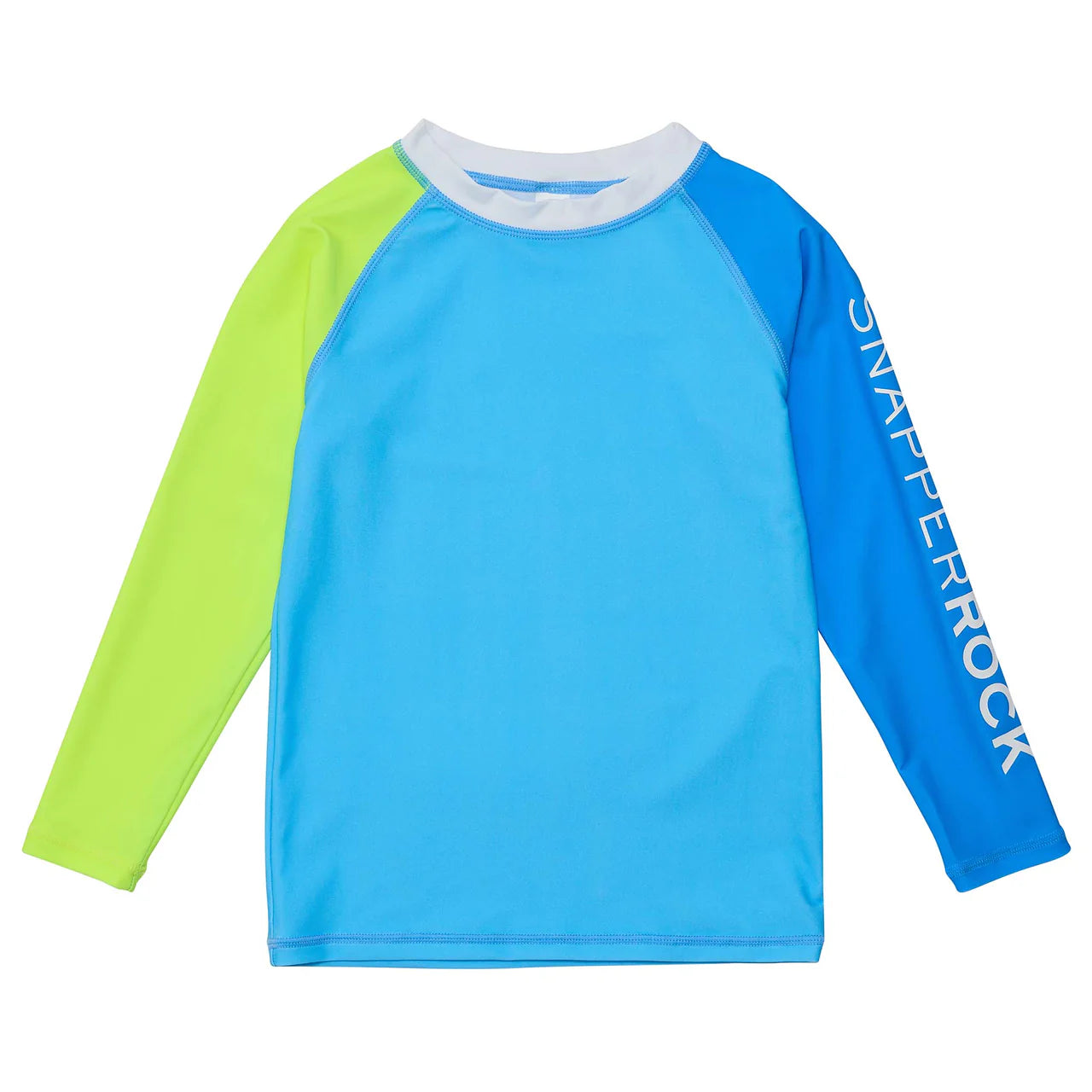 The Snapper Rock Citron Splash Rashguard is a long-sleeve swim top featuring a light blue front, a lime green left sleeve, and a dark blue right sleeve with "SNAPPERROCK" across the design. This rashguard combines vibrant colors with superior sun protection for chic safety.