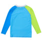 Back view of the Snapper Rock Citron Splash Rashguard, a long-sleeve swim top featuring vibrant blue and green color blocking on the sleeves and body, designed for stylish sun protection.