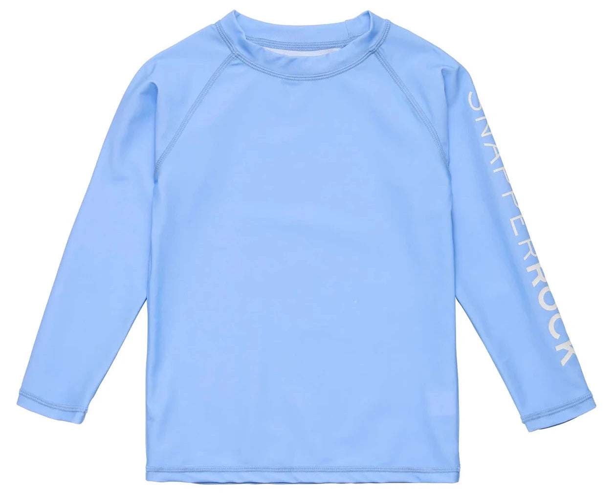 The Boys' LS Rash Top by Snapper Rock is a light blue long-sleeve rashguard with "SNAPPER ROCK" in white on the left sleeve, designed for sun safety and shown on a white background.