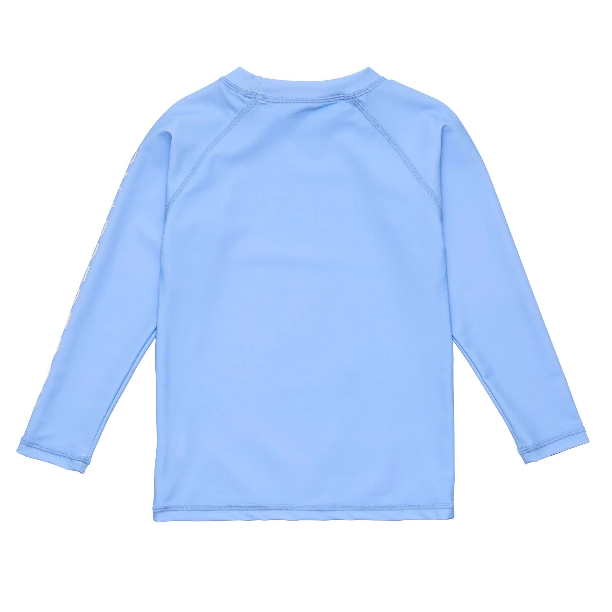 The Snapper Rock Boys' LS Rash Top in light blue is shown laid flat with the back facing up, featuring simple stitching and no visible logos—perfect for sun safety.
