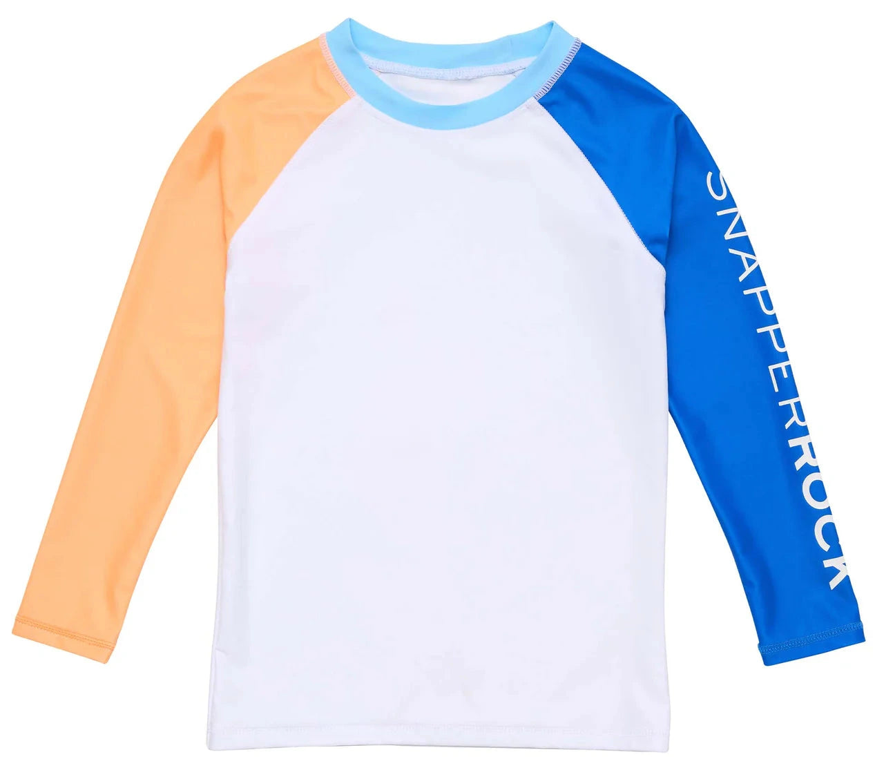 The Boys' Blue Papaya LS Rash Top by Snapper Rock features a white body, orange left sleeve, blue right sleeve with "SNAPPERROCK" text, light blue neckline, and UPF50+ sun protection.