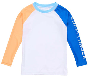 The Boys' Blue Papaya LS Rash Top by Snapper Rock features a white body, orange left sleeve, blue right sleeve with "SNAPPERROCK" text, light blue neckline, and UPF50+ sun protection.