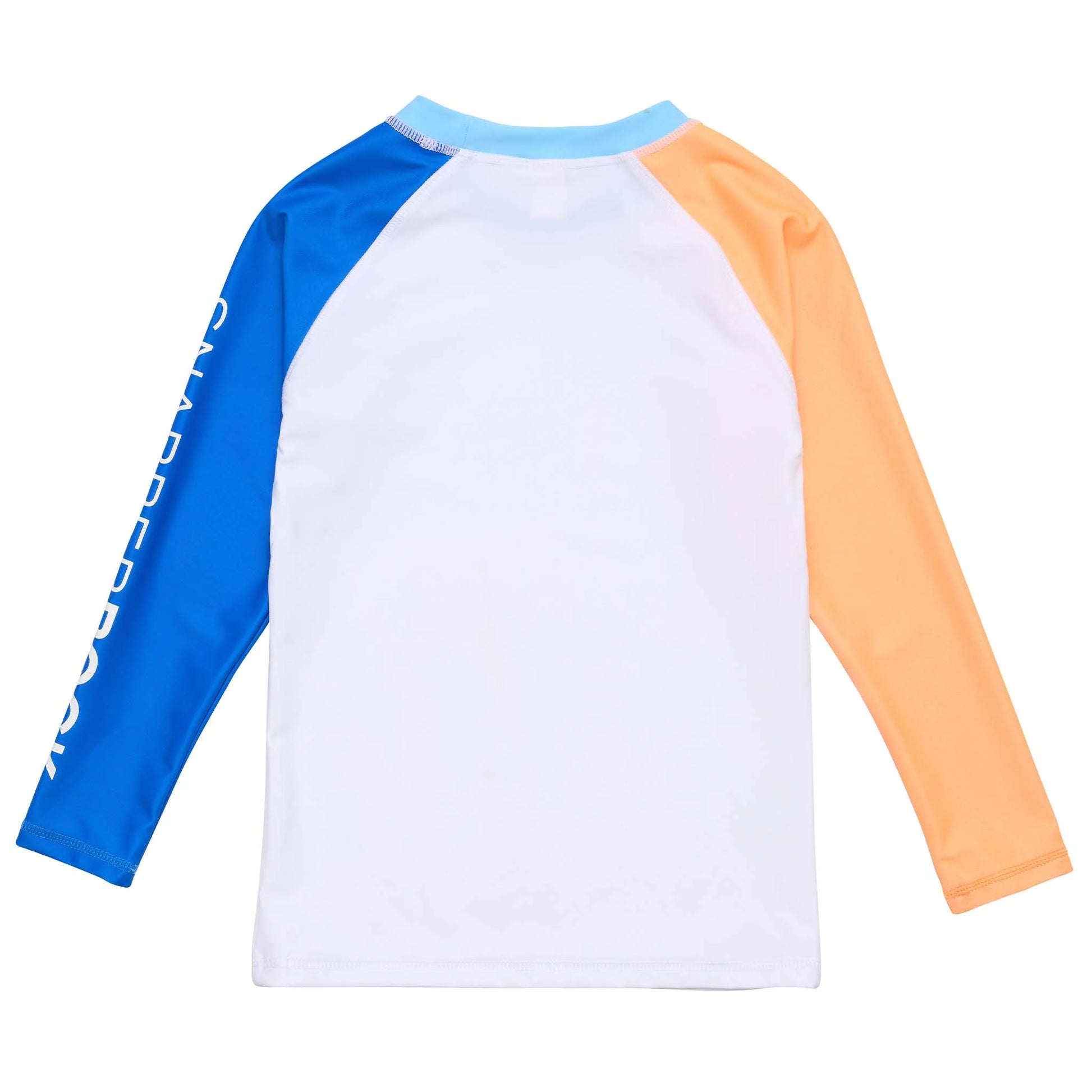 The Snapper Rock Boys' Blue Papaya LS Rash Top is a long-sleeve kids’ shirt with a white body, blue and orange sleeves, a light blue collar, white text on the left sleeve, and UPF50+ sun protection.