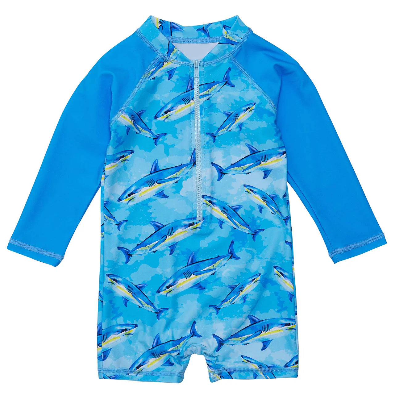 Snapper Rock Jawesome Waves Sunsuit featuring a shark print design in blue, long sleeves for children, and crafted by the brand Snapper Rock.