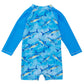 Snapper Rock Jawesome Waves Sunsuit for children, featuring long sleeves and a playful shark print. Designed as an easy-to-wear baby sunsuit by Snapper Rock.