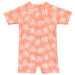 The Snapper Rock Baby Boys' Cali Palms Recycled SS Sunsuit is a peach short-sleeve romper with a white palm tree print, front zipper, and snap leg closures—crafted from recycled fabric for comfort and style.