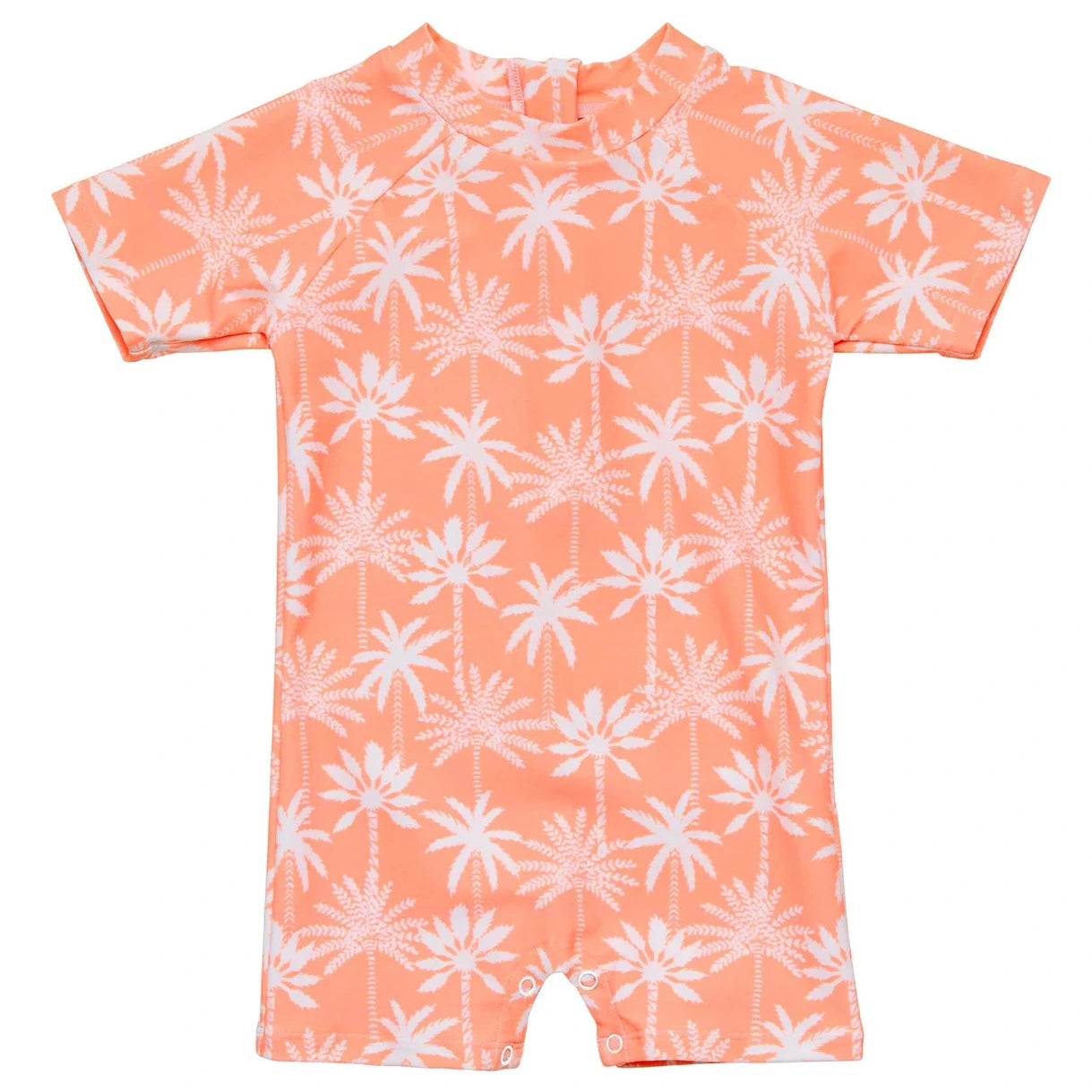 The Snapper Rock Baby Boys' Cali Palms Recycled SS Sunsuit is a peach short-sleeve romper with a white palm tree print, front zipper, and snap leg closures—crafted from recycled fabric for comfort and style.