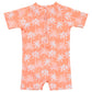 The Snapper Rock Baby Boys' Cali Palms Recycled SS Sunsuit is a peach short-sleeve romper with white palm print, UPF50+ protection, and a zipper back.