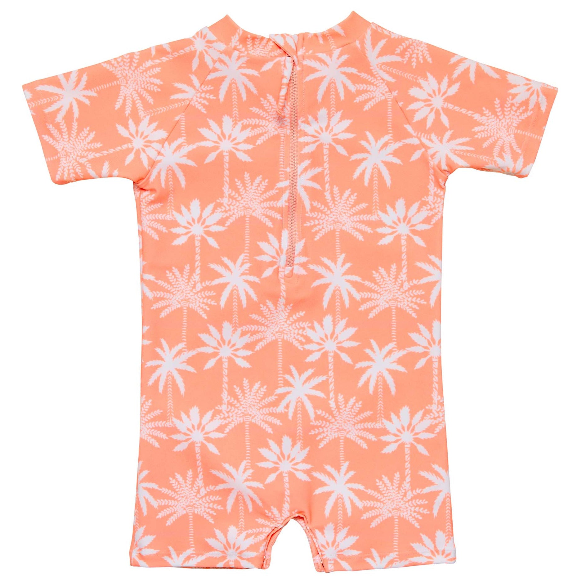 The Snapper Rock Baby Boys' Cali Palms Recycled SS Sunsuit is a peach short-sleeve romper with white palm print, UPF50+ protection, and a zipper back.