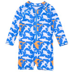 The Snapper Rock Baby Boys' Shark Squad LS Sunsuit is a blue long-sleeve romper with a front zipper, white and orange shark print, and UPF50+ protection.