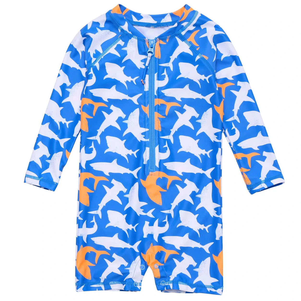The Snapper Rock Baby Boys' Shark Squad LS Sunsuit is a blue long-sleeve romper with a front zipper, white and orange shark print, and UPF50+ protection.