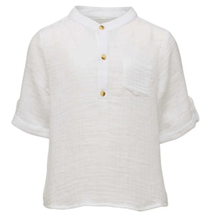 The Boys' Frankie White Resort Shirt by Snapper Rock features breathable crinkled cotton muslin, a mandarin collar, three gold buttons, chest pocket, and relaxed fit for cool comfort.