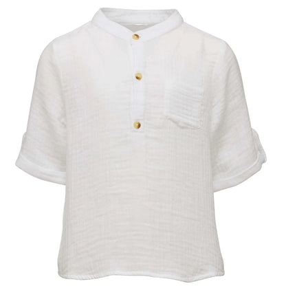 The Boys' Frankie White Resort Shirt by Snapper Rock features breathable crinkled cotton muslin, a mandarin collar, three gold buttons, chest pocket, and relaxed fit for cool comfort.
