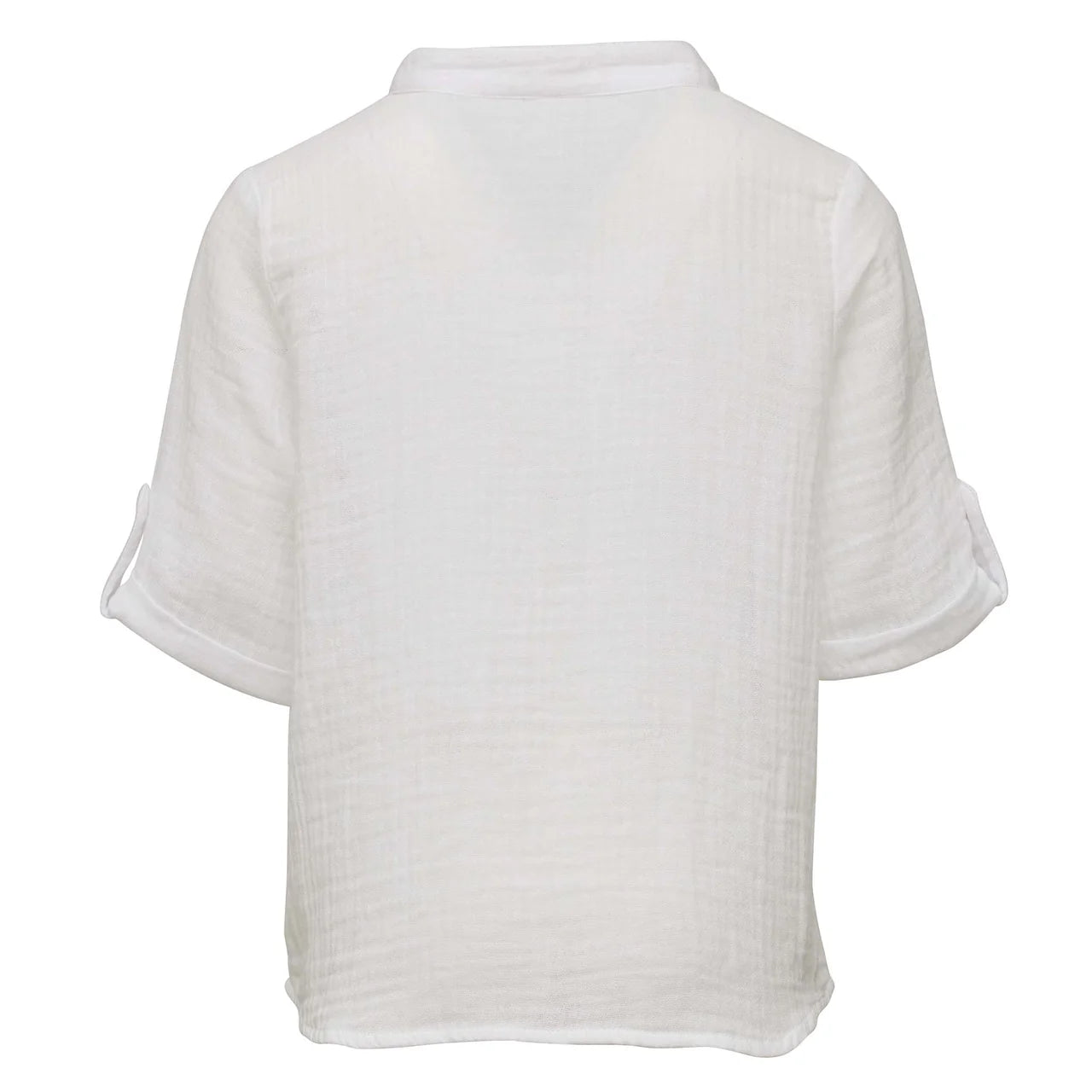 Back view of the Snapper Rock Boys' Frankie White Resort Shirt, a short-sleeve collared style with rolled cuffs, crafted from breathable crinkled cotton muslin and shown against a plain background.