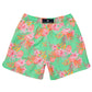 Snapper Rock's Coastal Shells Swim Short for kids features an adjustable drawcord waist, a green design with pink pineapples, and tropical leaves pattern.