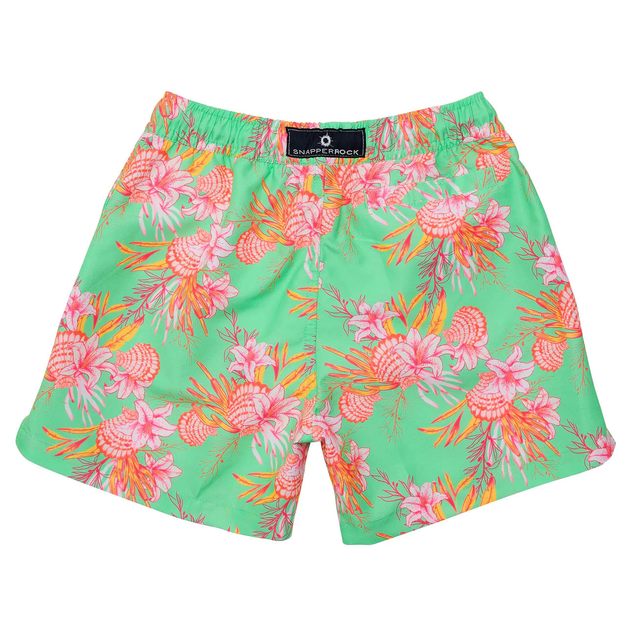 Snapper Rock's Coastal Shells Swim Short for kids features an adjustable drawcord waist, a green design with pink pineapples, and tropical leaves pattern.