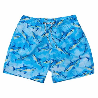 The Snapper Rock Jawesome Waves Swim Short by Snapper Rock features a striking shark print and a convenient drawcord waist.