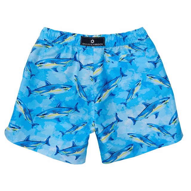 The Snapper Rock Jawesome Waves Swim Short by Snapper Rock boasts a striking shark print on a wavy, light-blue background, complete with a comfortable drawcord waist for the perfect fit.