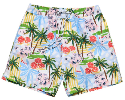 Snapper Rock Boys' Ciao Paradiso Swim Short features a colorful tropical print with palm trees, grapefruits, and "Ciao" on a light background, made from recycled fabric.